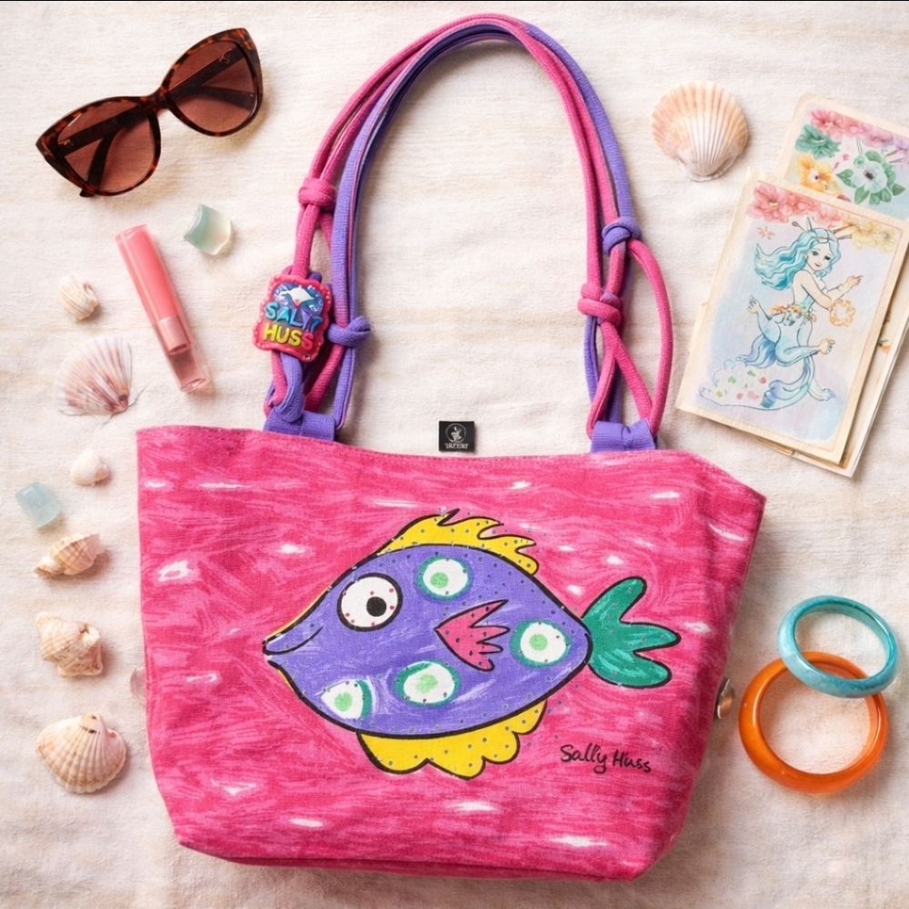 Vintage Sally Huss Fish Tote Whimsical Wearable Art Pink Canvas Purse